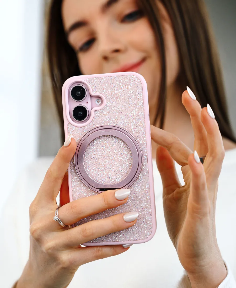 metal frame Smooth Look Texture Baby Pink Gem MagSafe Phone Case