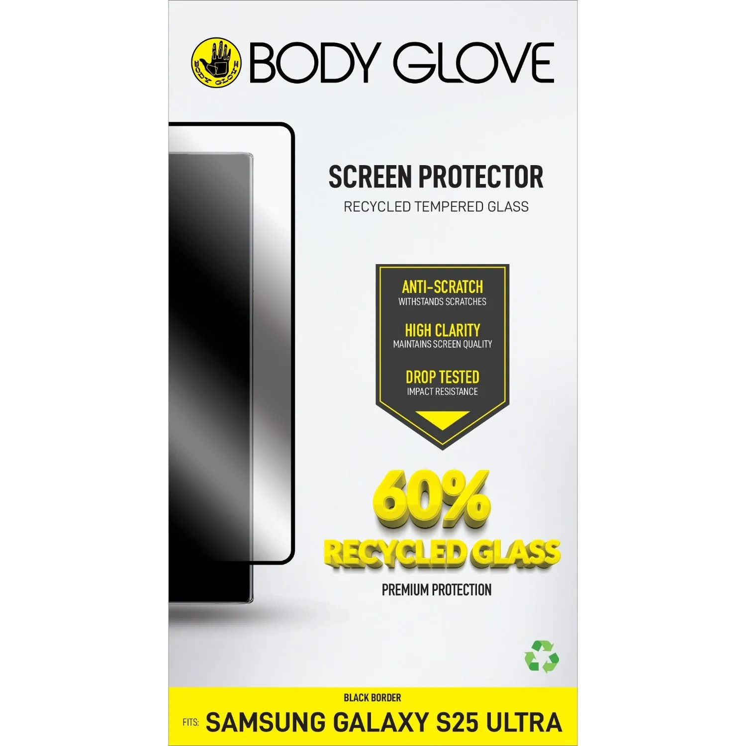 Body Glove Recycled Tempered Glass Screen Protector - Samsung Galaxy S25 Ultra - Black Border (BGSGRTG-GXS25U) Ultra Fit smooth curved protector