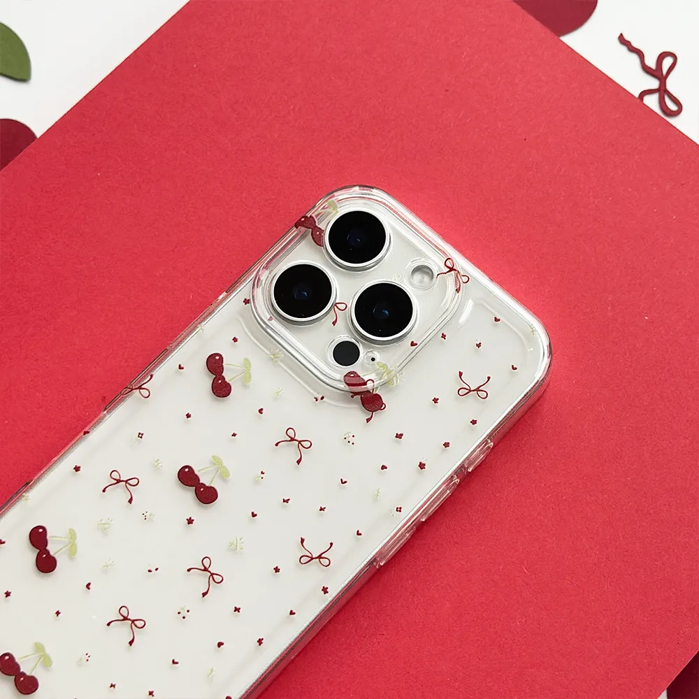 Modern Texture Full Coverage Clear Phone Case - Ditsy Bows & Cherries
