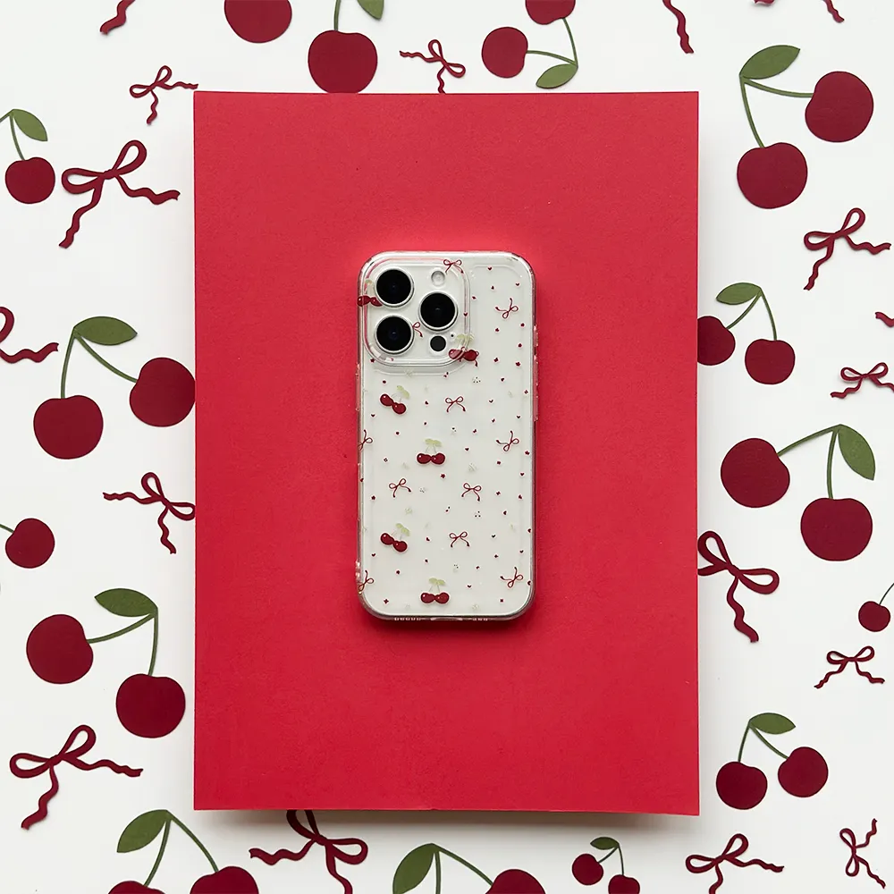 Clear Phone Case - Ditsy Bows & Cherries Protective Form Fit