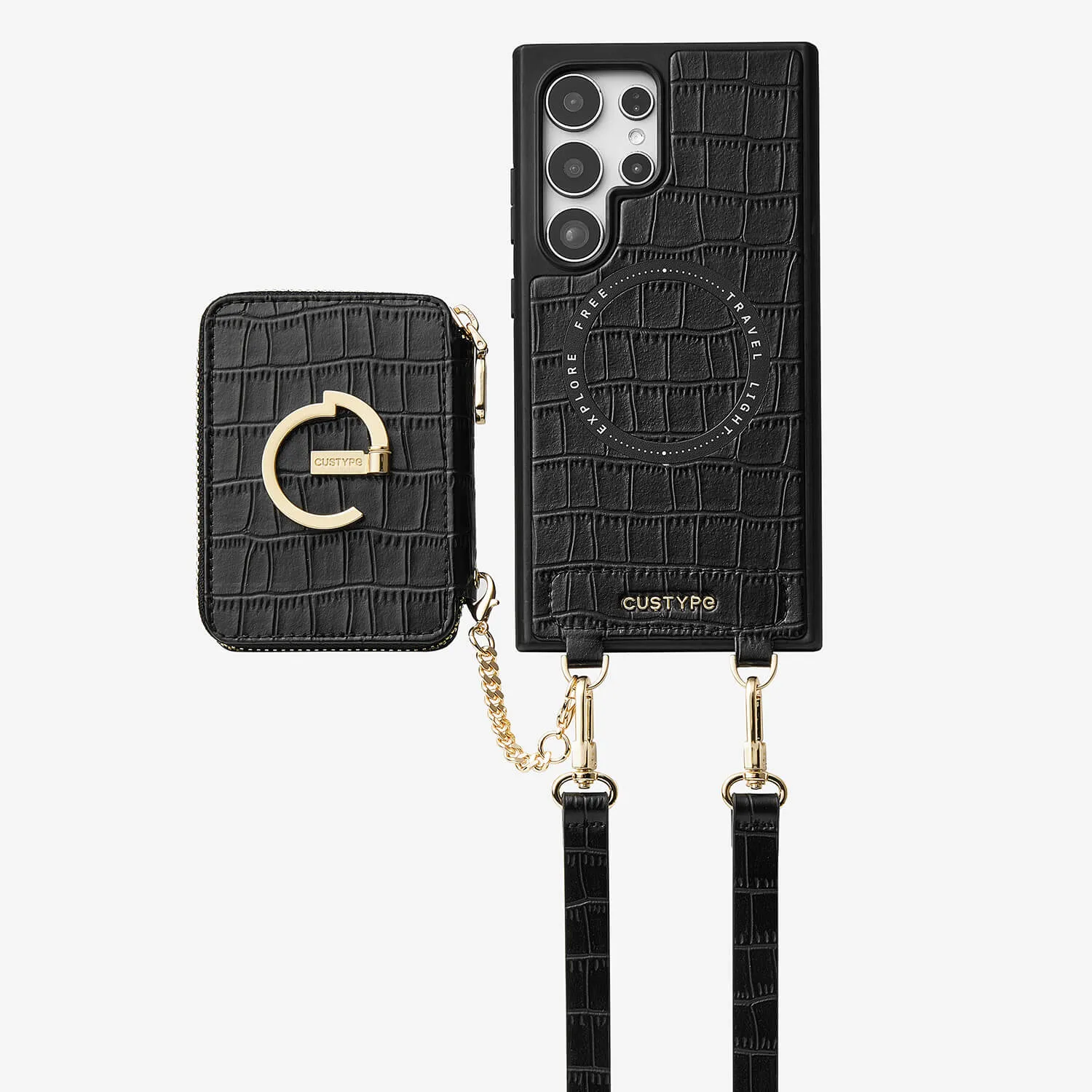 Soft Cushion Gloss Finish Crocodile Design Set- Samsung Galaxy Magnetic Grip Wallet  Phone Case with Carrying Strap