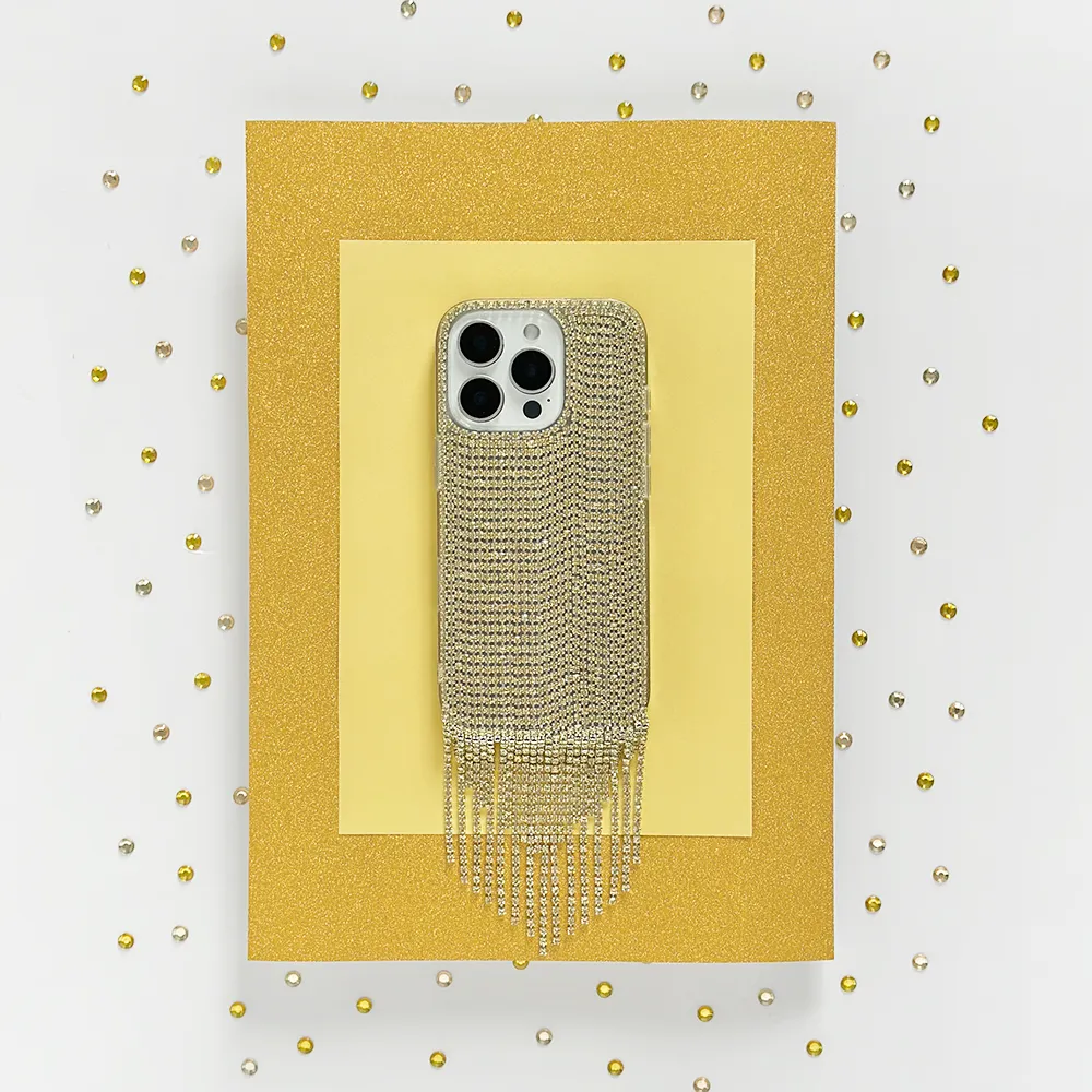 Diamante Tassel Phone Case - Gold Gloss Texture