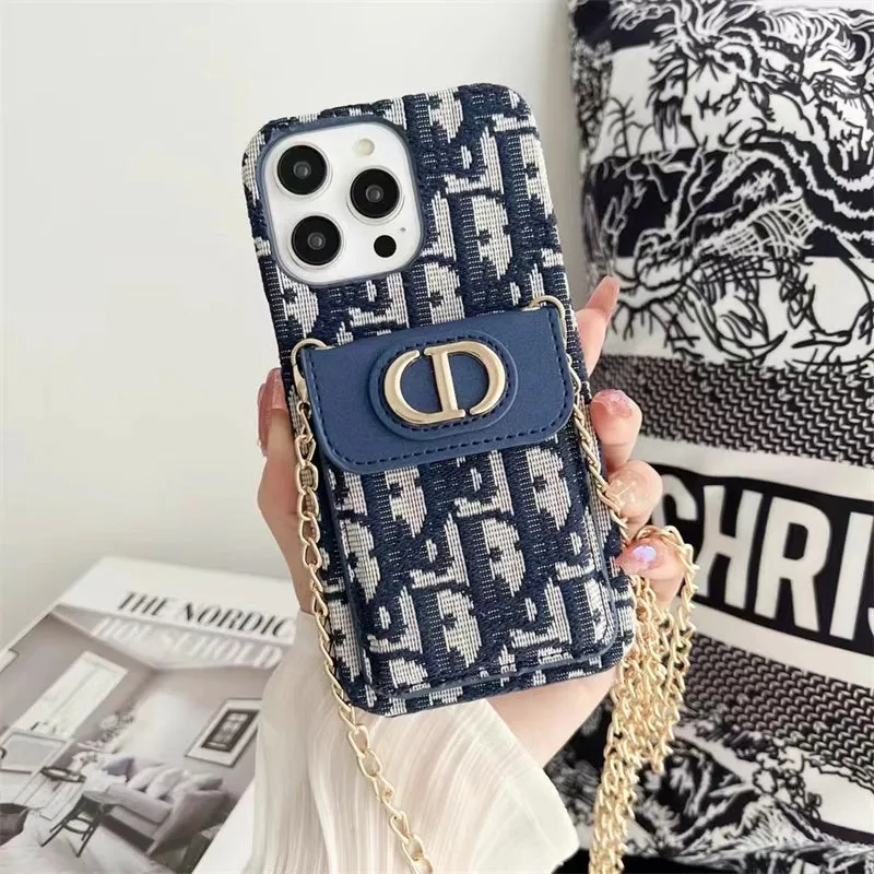 Smooth Form Dior Luxury iPhone Case with Chain, Card Slot, and Metal Logo