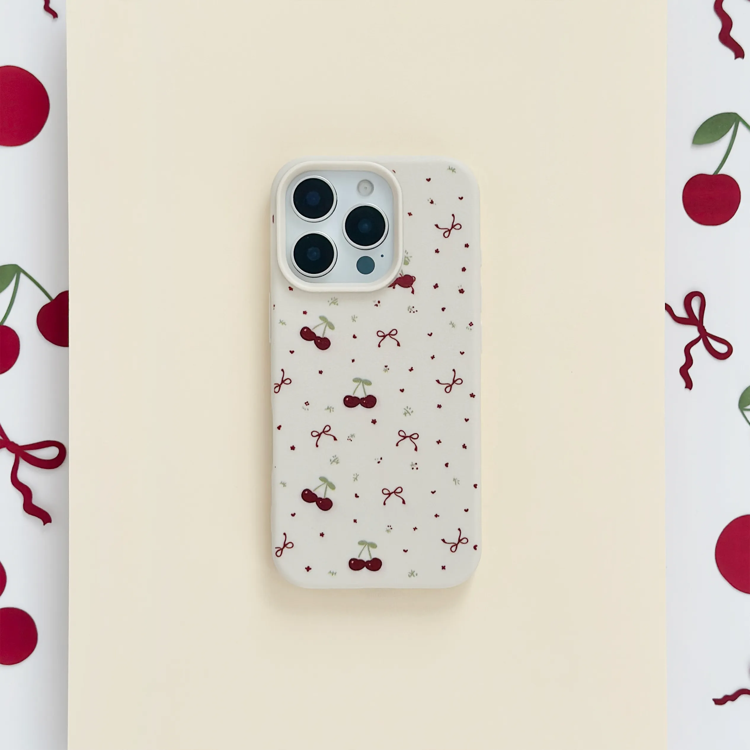 Smooth Touch Polished Surface Ditsy Bows & Cherries Phone Case - Soft White