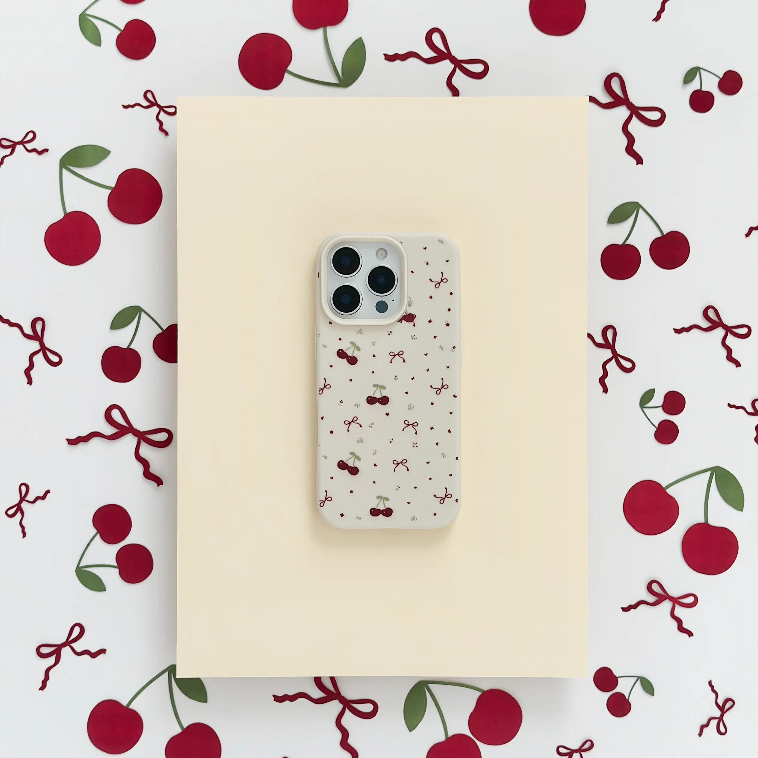 Ditsy Bows & Cherries Phone Case - Soft White Clear Back Outdoor Use