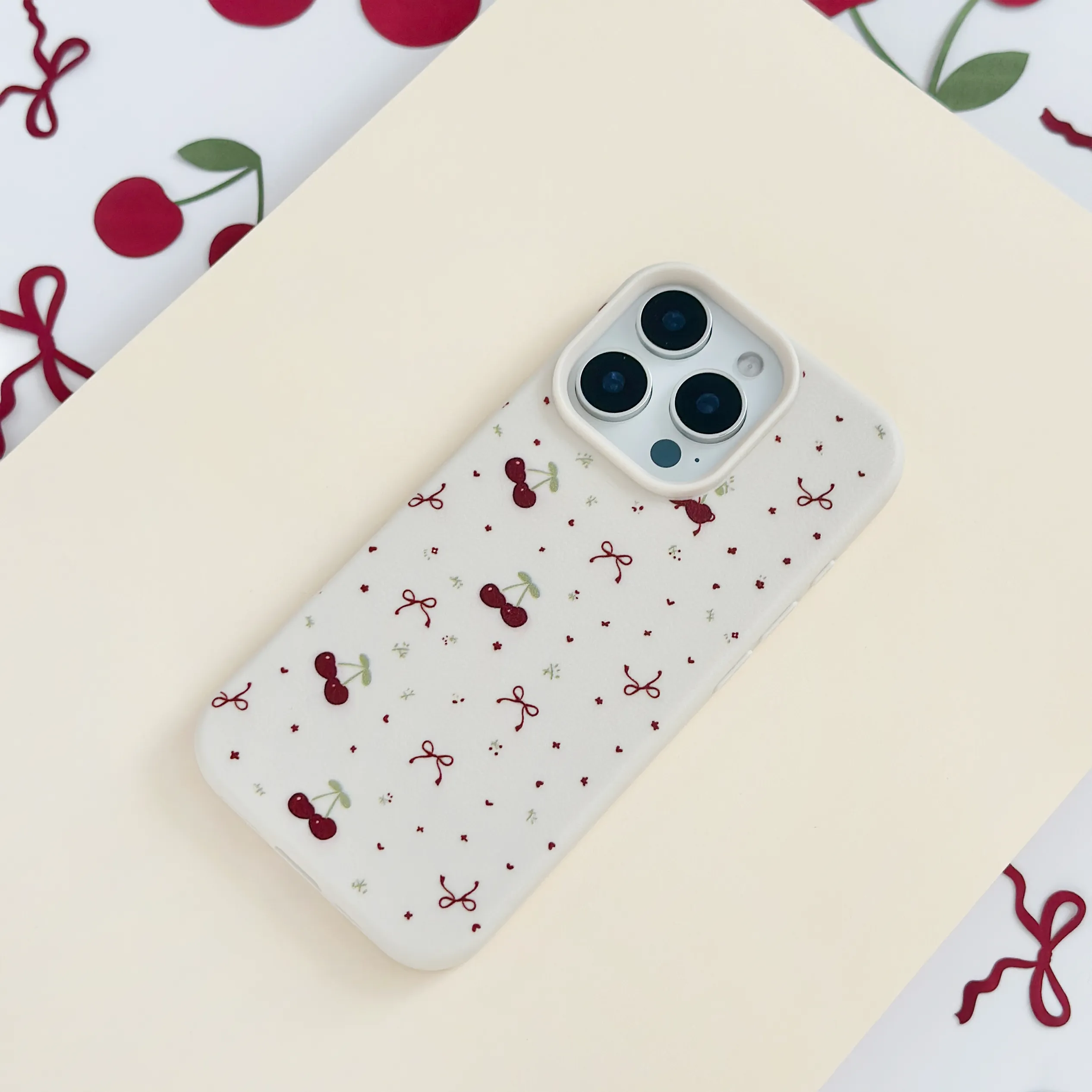Glossy Texture Layer Rugged Feel Ditsy Bows & Cherries Phone Case - Soft White