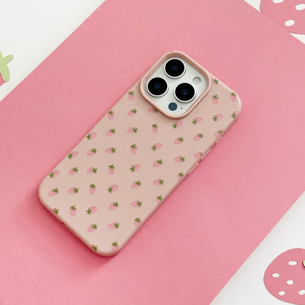 Ditsy Strawberries Phone Case - Powder Pink Sleek Detail Protective Corners