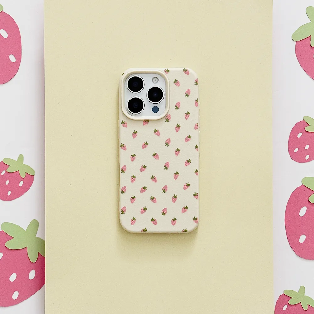 Ditsy Strawberries Phone Case - Soft White Smooth Form Texture