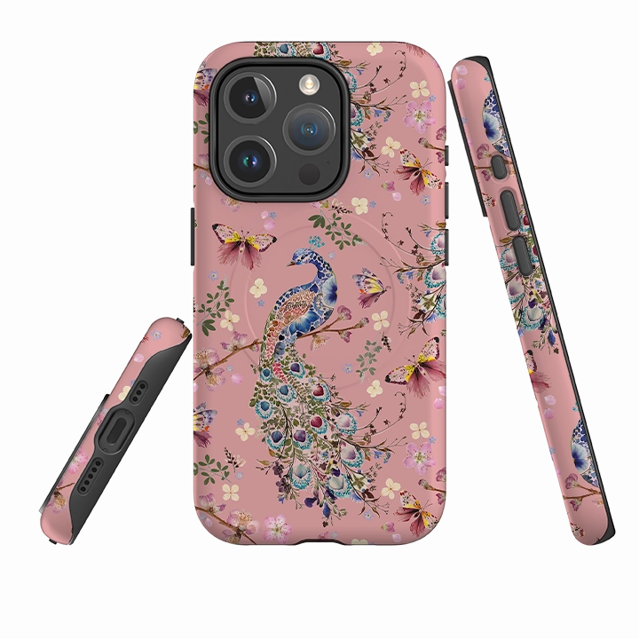 Soft Shield iPhone MagSafe Tough Case -  Peacock and Cherry Blossoms Lupine By Helen Ahpornsiri