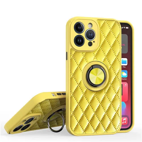 Luxury Leather Diamond Quilted Ring Holder Phone Case For Apple iPhone Creative Artwork Hybrid Build Texture
