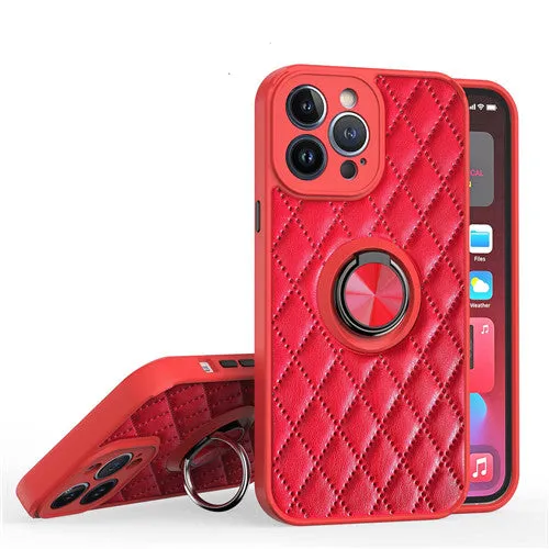 Smooth Design Luxury Leather Diamond Quilted Ring Holder Phone Case For Apple iPhone