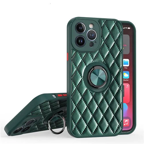 Luxury Leather Diamond Quilted Ring Holder Phone Case For Apple iPhone Durable Coating