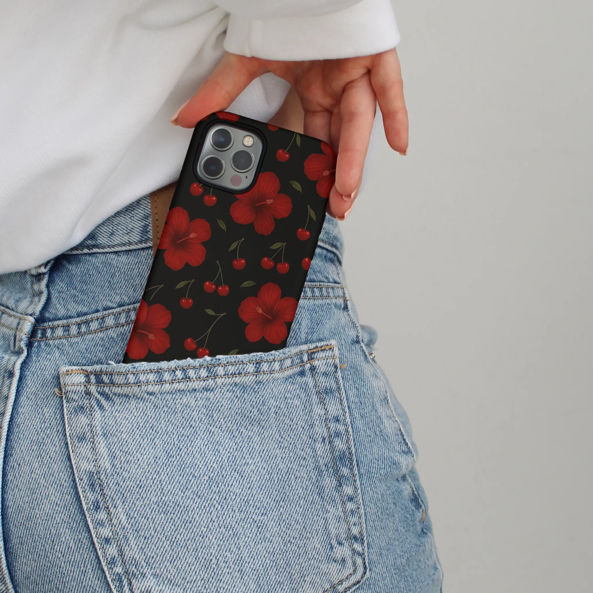 Tough Phone Case - Cherry Hibiscus Textured Comfort Marble finish
