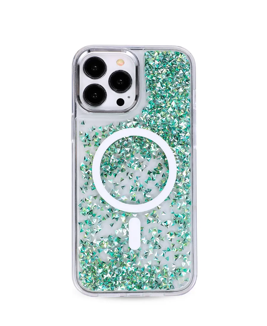 Green Prism Glitter MagSafe Phone Case Transparent Edge Anti Slip