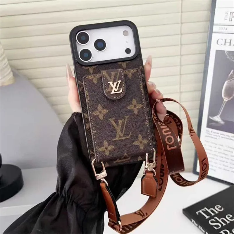 Soft Finish Layer Lv Leather Card Holder Case Crossbody for iPhone 17/ 16/ 15/ 14