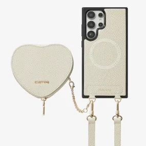 Minimal Build Texture Marble Pattern Heart Design Kit- Samsung Galaxy Detachable Wireless Charging Crossbody Wallet Phone Case Pouch Set