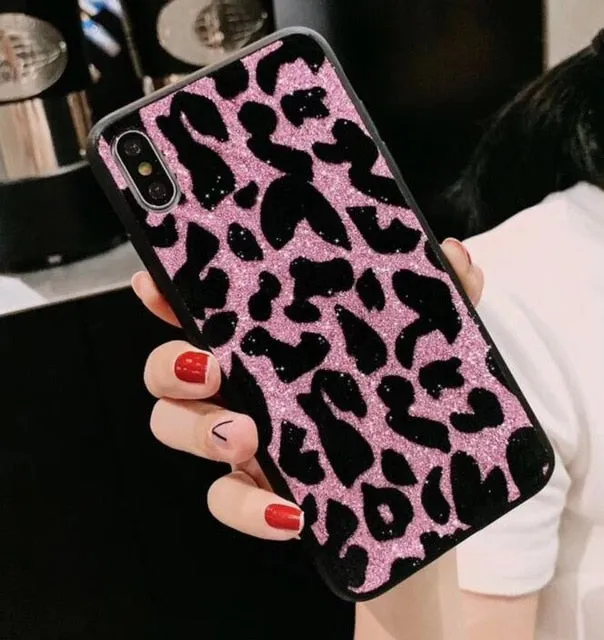 Minimal Edge Design Luxury Grip Pink Glitter Leopard Phone Case For Samsung