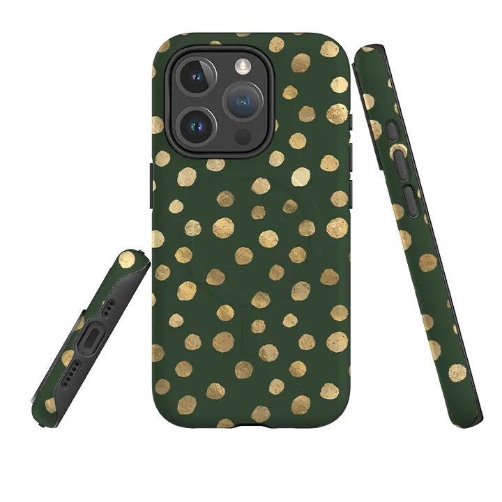 iPhone MagSafe Tough Case -  Green and Gold Dots Smooth Pattern Rugged Frame Design