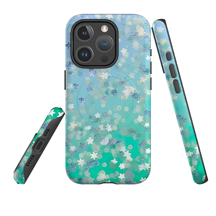 Pocket Ready Shock Absorber iPhone MagSafe Tough Case - Green Stars (case does not glitter)
