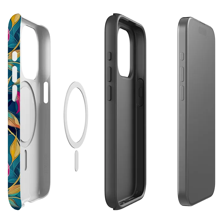 Clear Back Soft Edging iPhone MagSafe Tough Case - Pink and Teal Leaves