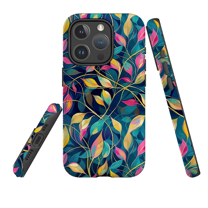 Durable Texture Layer Matte Design Texture iPhone MagSafe Tough Case - Pink and Teal Leaves