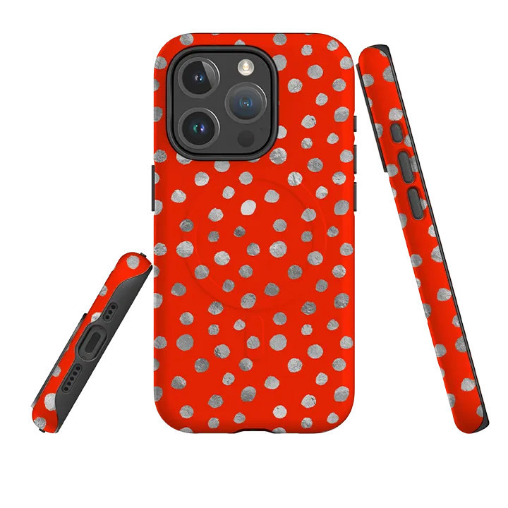 iPhone MagSafe Tough Case -  Red and Silver Dots Compact Shape