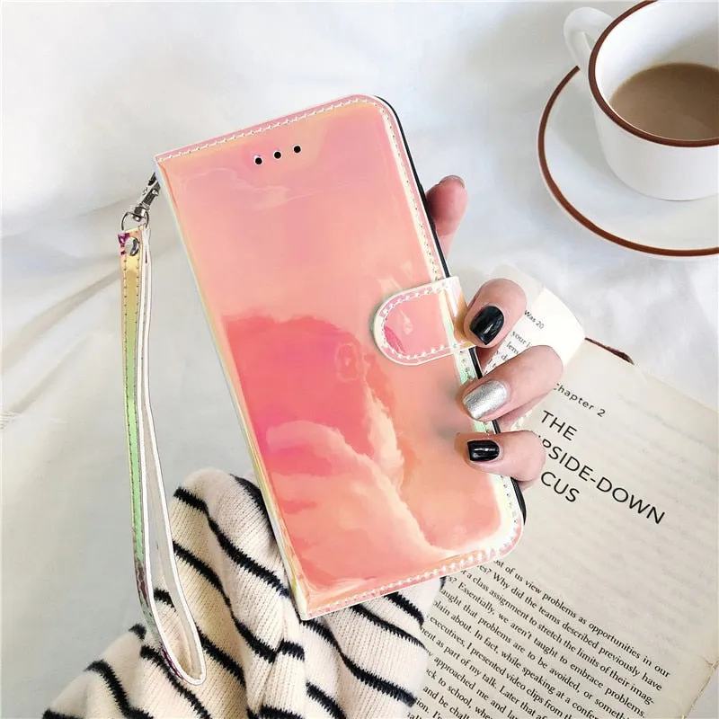 Wear resistant Shiny Reflective Bright Flip Wallet Phone Case for iPhone