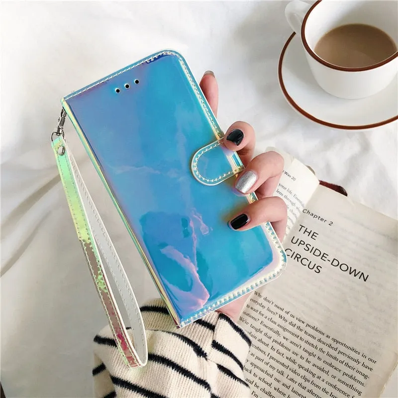 Shiny Reflective Bright Flip Wallet Phone Case for iPhone Portable Grip Clear Pattern
