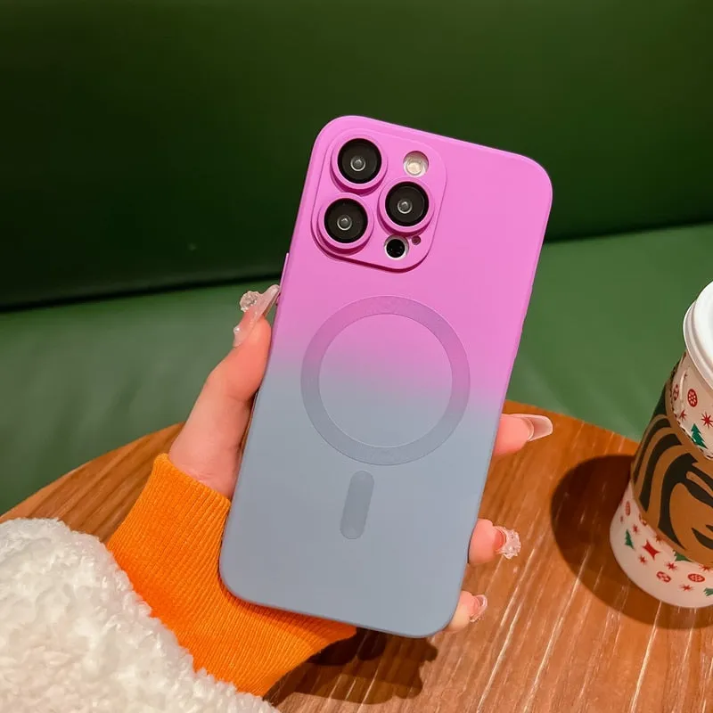 Soft Surface Luxury Magnetic Wireless Charge Gradient Phone Case For iPhone with Lens Protection