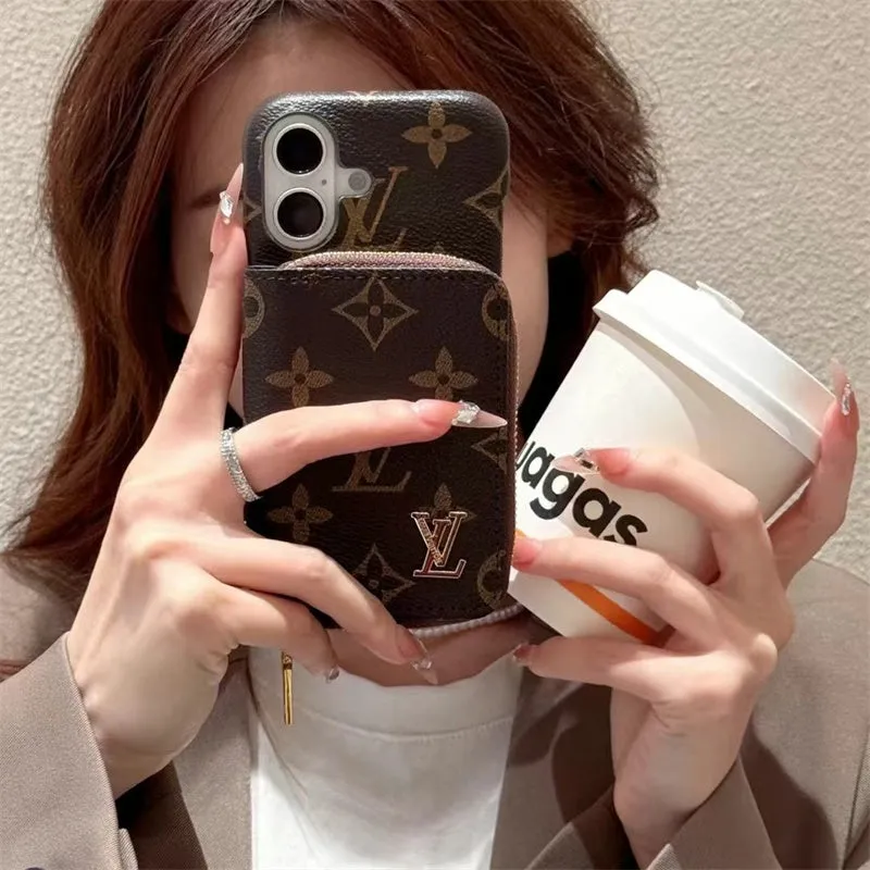 Polished Edge Gloss Texture Monogram LV Leather iPhone Case with CardHolder Strap