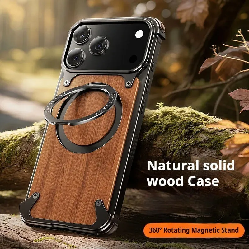 Natural Wooden Frameless Case With Magsafe 360??Rotation Magnetic For iPhone 17 / 16 / 15 / 14 Portable Grip