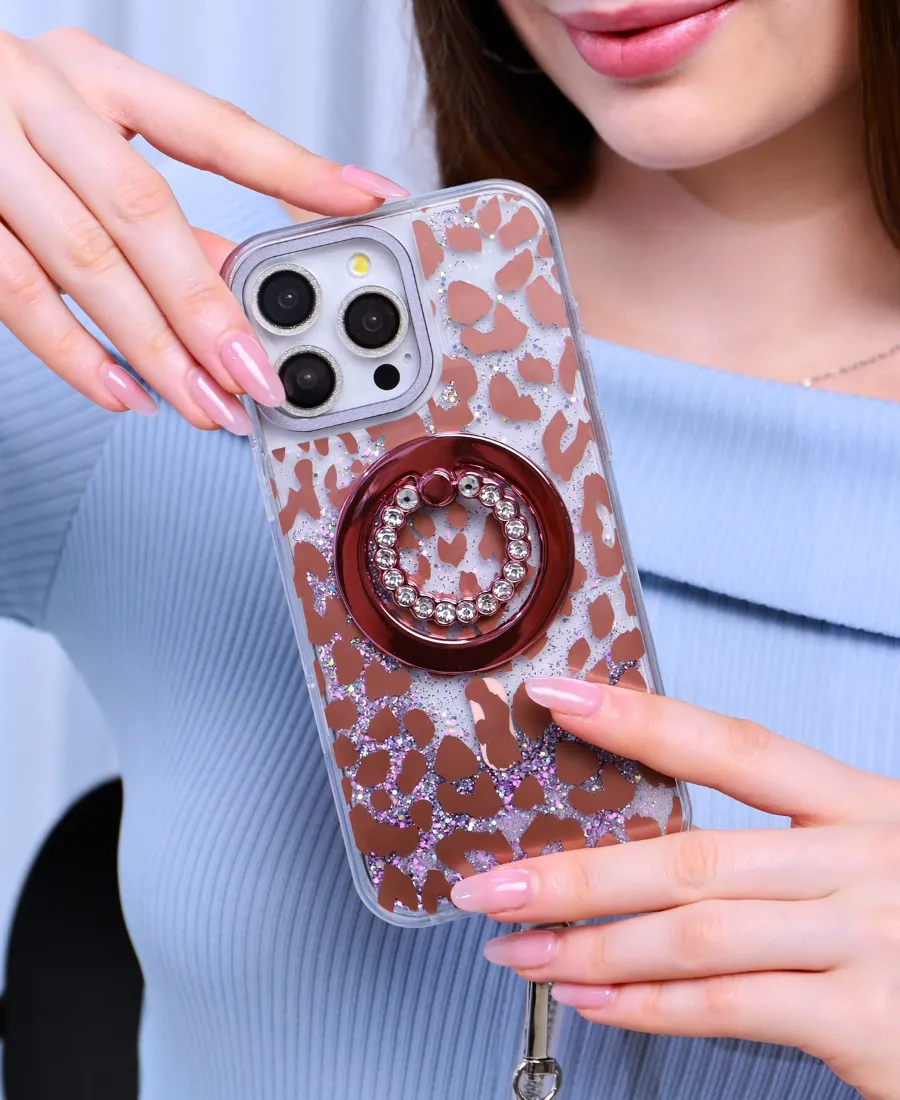 Pink Leopard Glitter MagSafe Phone Case Elegant Pattern Design Flexible Material