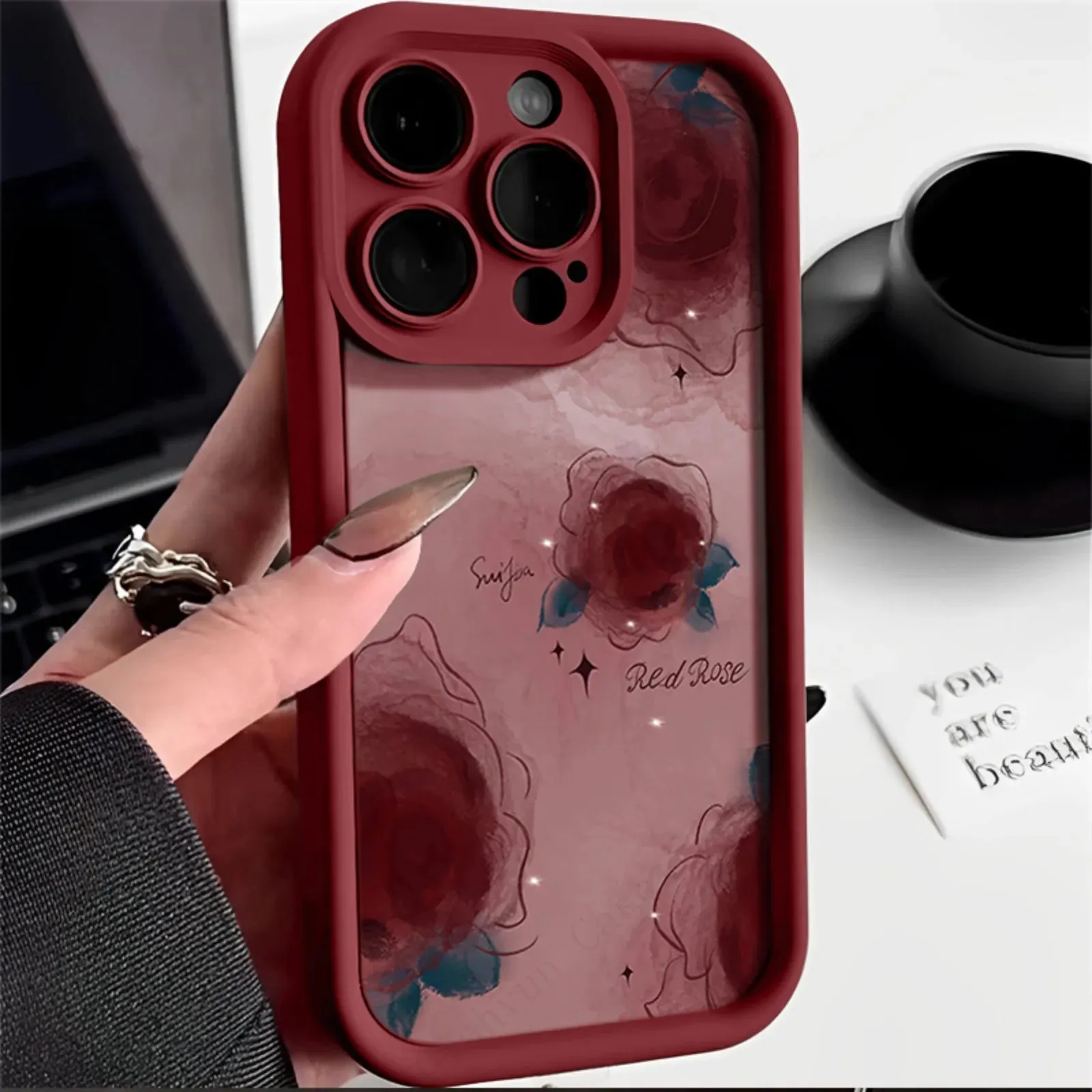 Matte Shield Elegant Texture Layer ROSE SILICONE BUMPER BACK COVER FOR IPHONE 15 14 13
