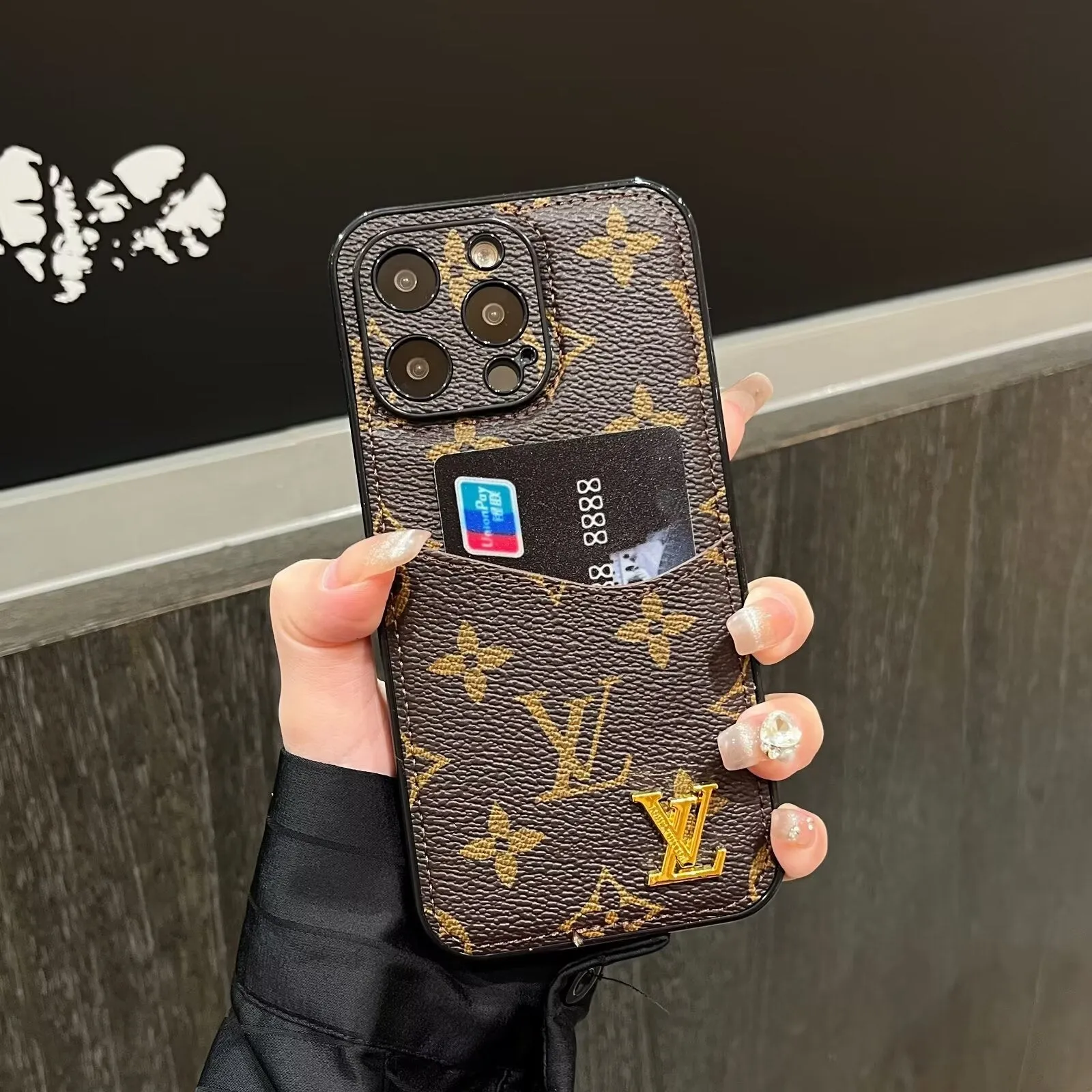 Protective Material CLASSIC CANVAS LEATHER MONOGRAM BACK CARD APPLE PHONE CASE