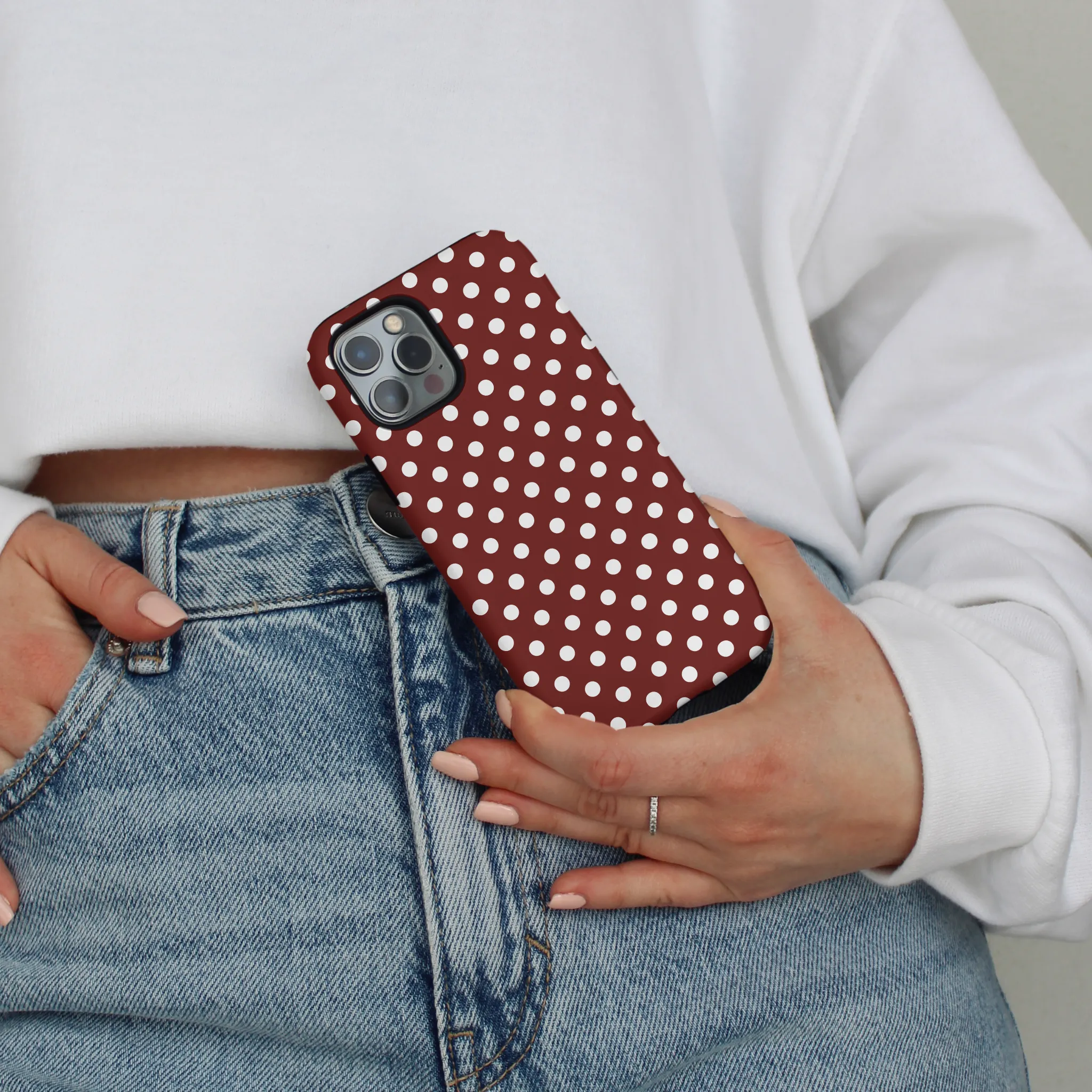 Modern Detail Hybrid Material Build Tough Phone Case - Burgundy Polka Dot