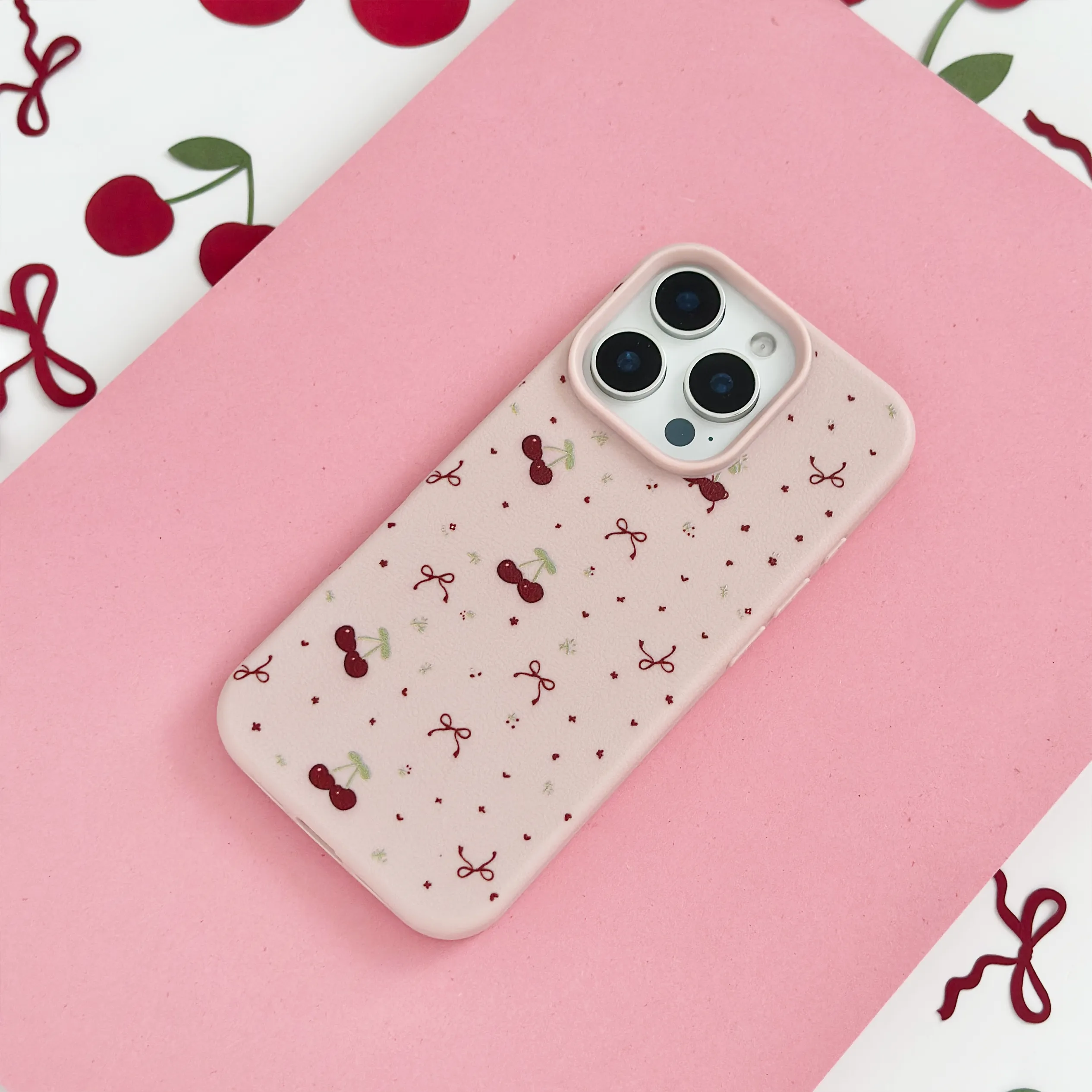 Ditsy Bows & Cherries Phone Case - Pink Hybrid Material Build Gloss Layer Finish
