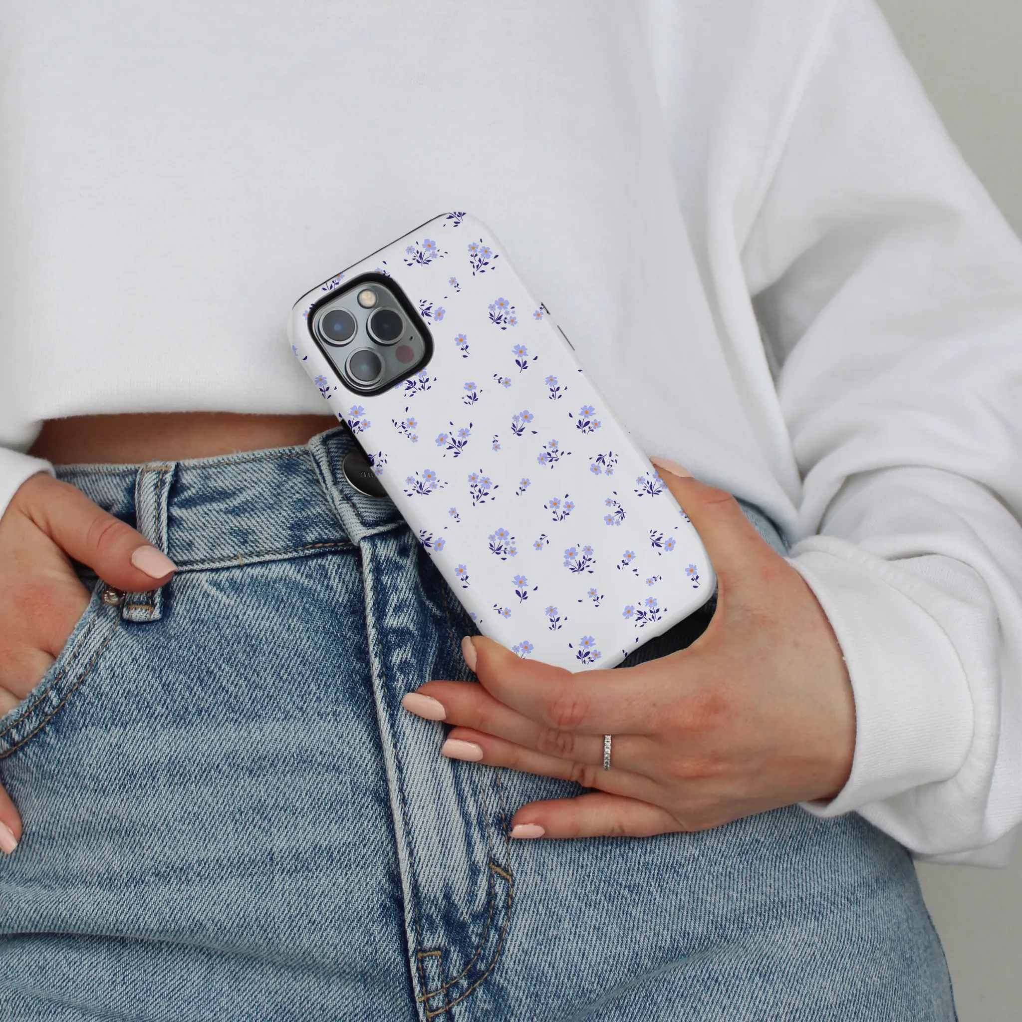 Soft Cushion Matte Pattern Tough Phone Case - Ditsy Floral Periwinkle