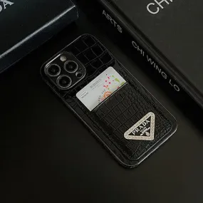 Prada Luxury Leather Rhinestone iPhone Case Transparent Look Dust proof