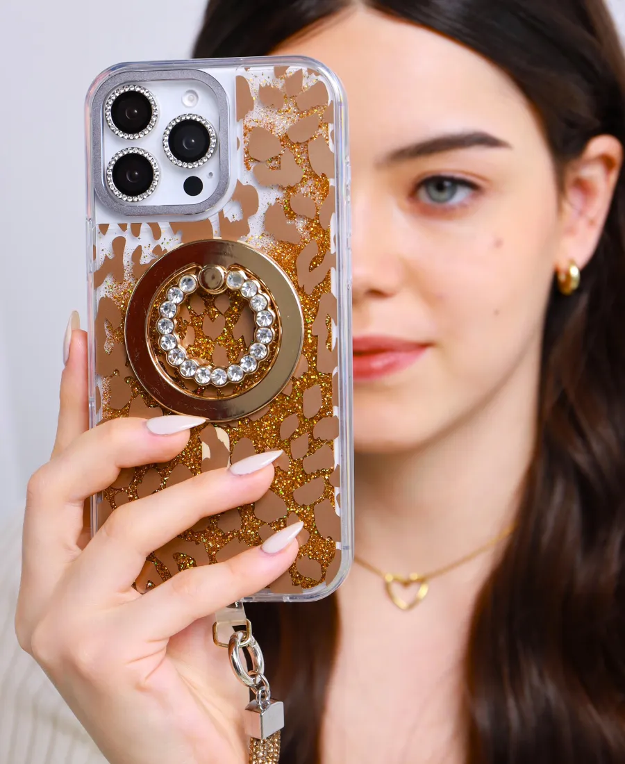 Gold Leopard Glitter MagSafe Phone Case Minimal Build Texture