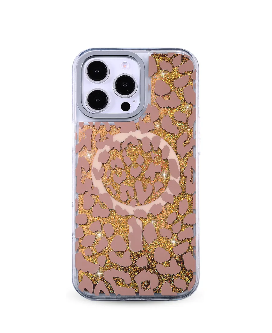 Gold Leopard Glitter MagSafe Phone Case Lightweight Shell Wireless Compatible