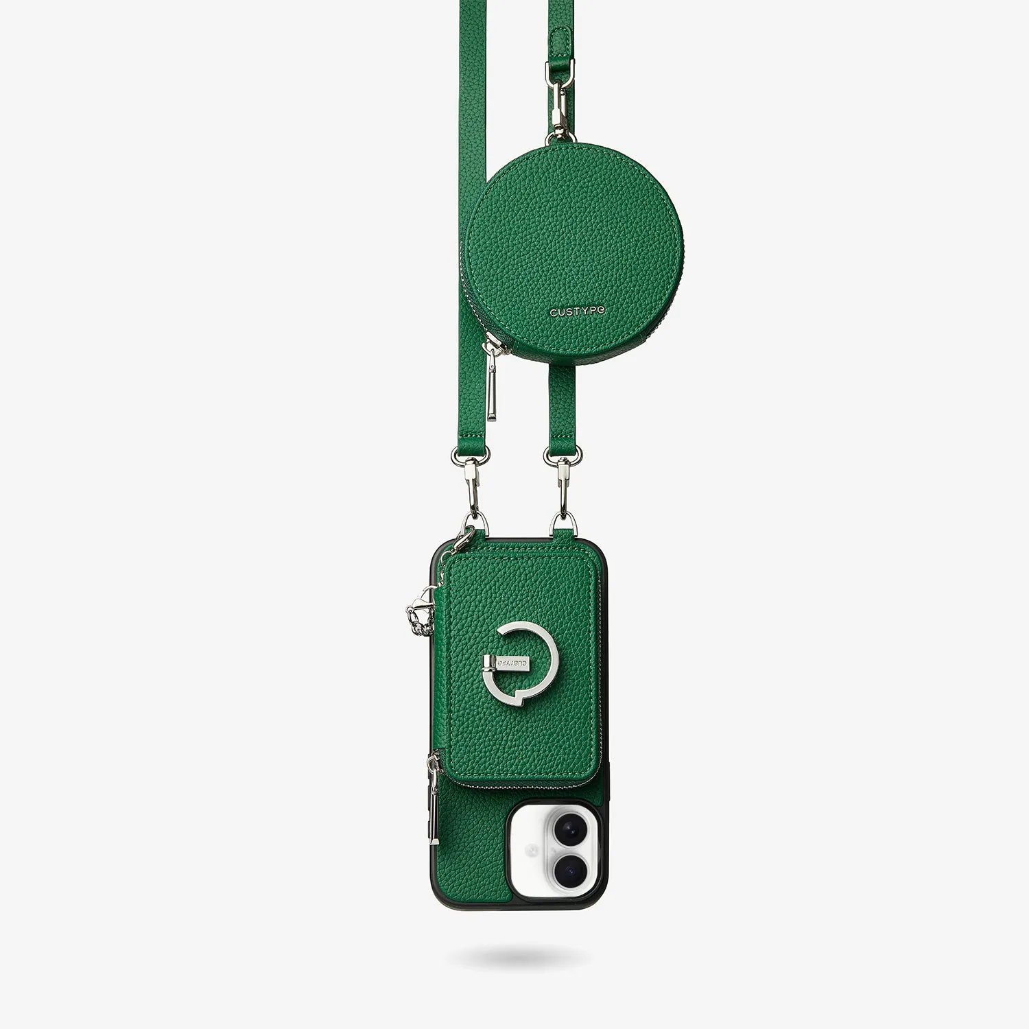 Refined Finish Silver Edge Kit- Versatile Magnetic E-stand Card Holder Case for iPhone with Round Pouch & Shoulder Strap