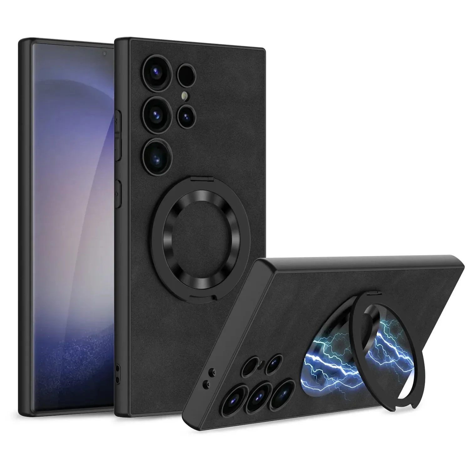 Frosted Leather Magnetic Ring Kickstand Phone Case for Samsung S24 Series Protective Texture Layer