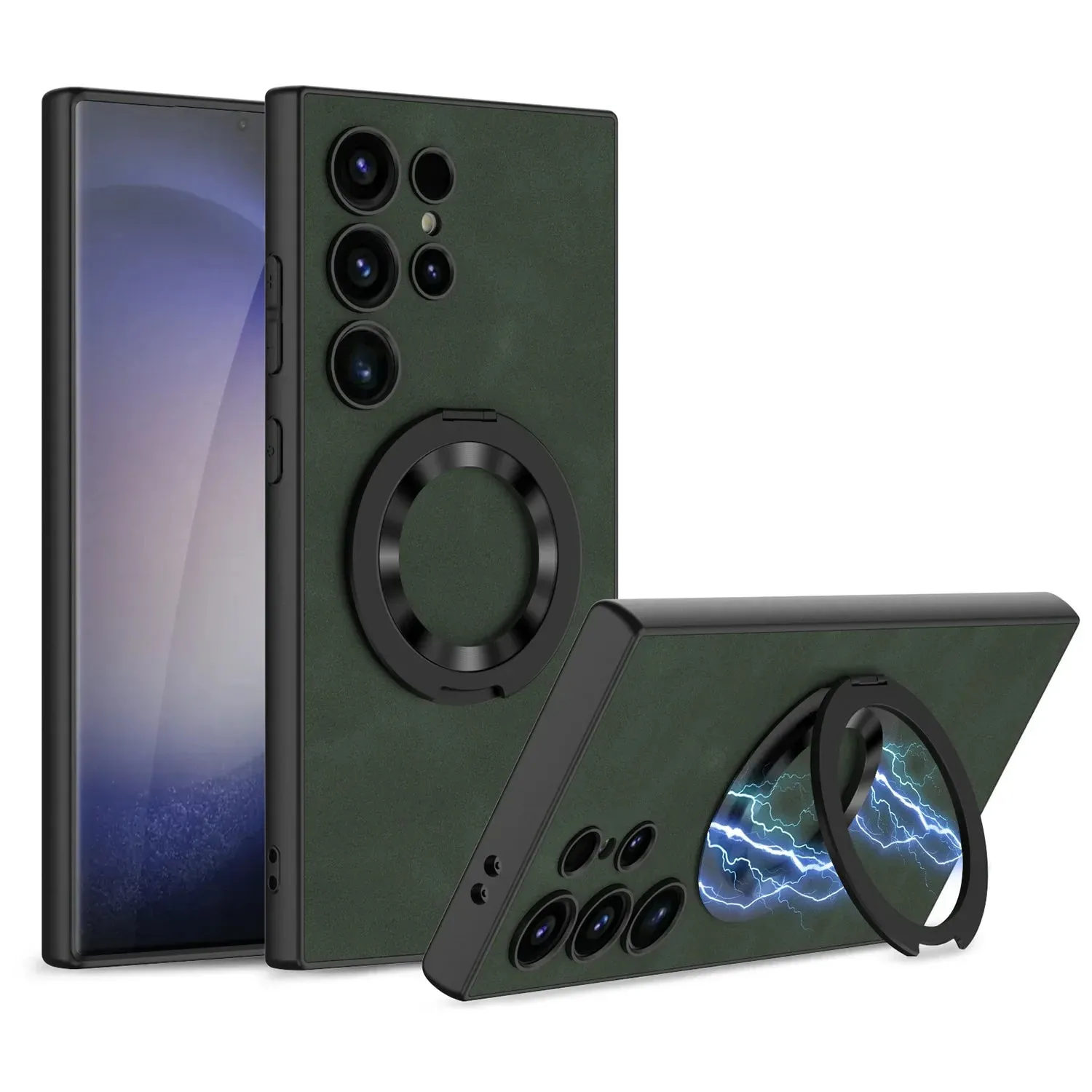 Ergonomic Shape Shock Resistant Build Frosted Leather Magnetic Ring Kickstand Phone Case for Samsung S24 Series