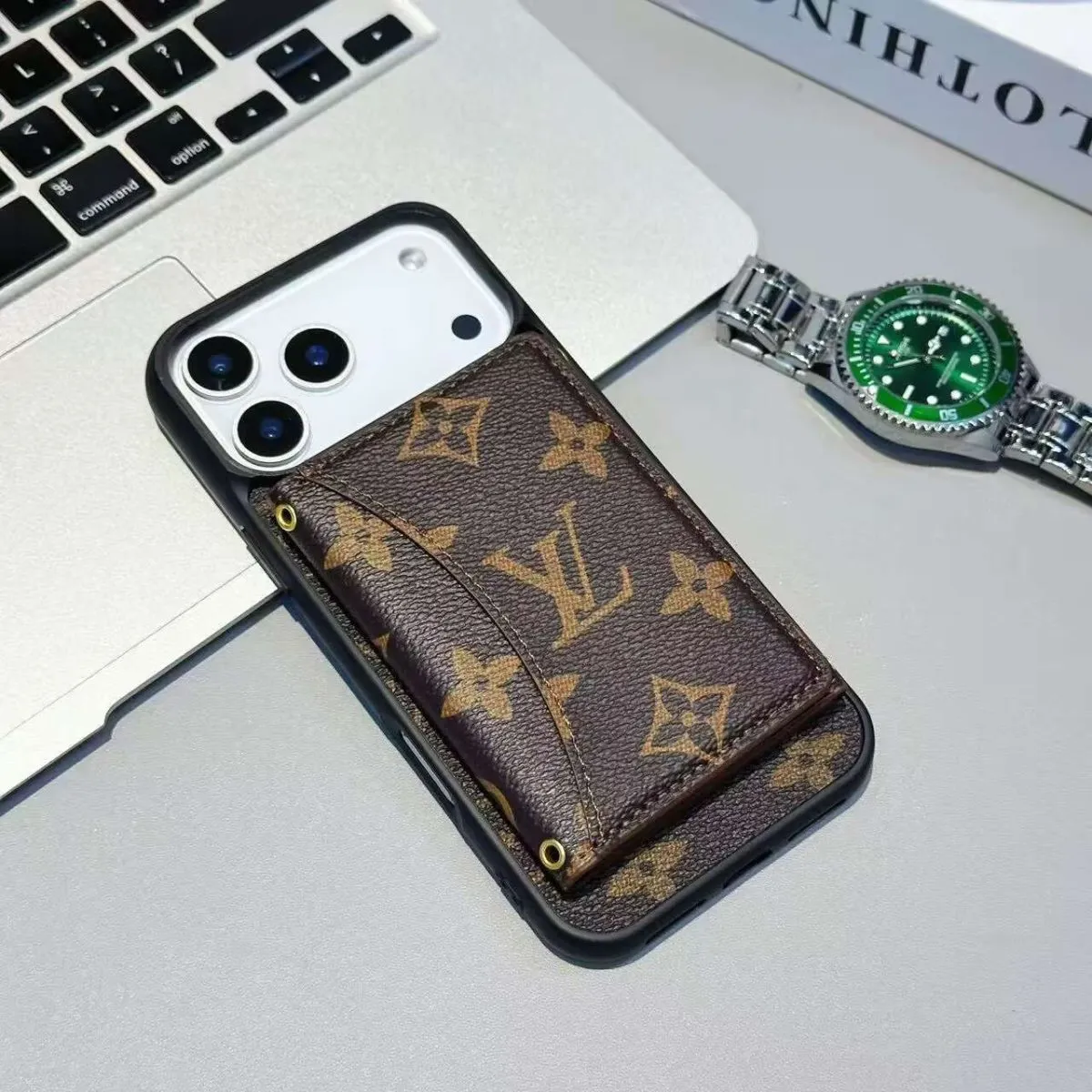 Sleek Feel Protective Form Luxury Card Holder Wallet LV Style Phone Case for iPhone 17/ 16/ 15/ 14