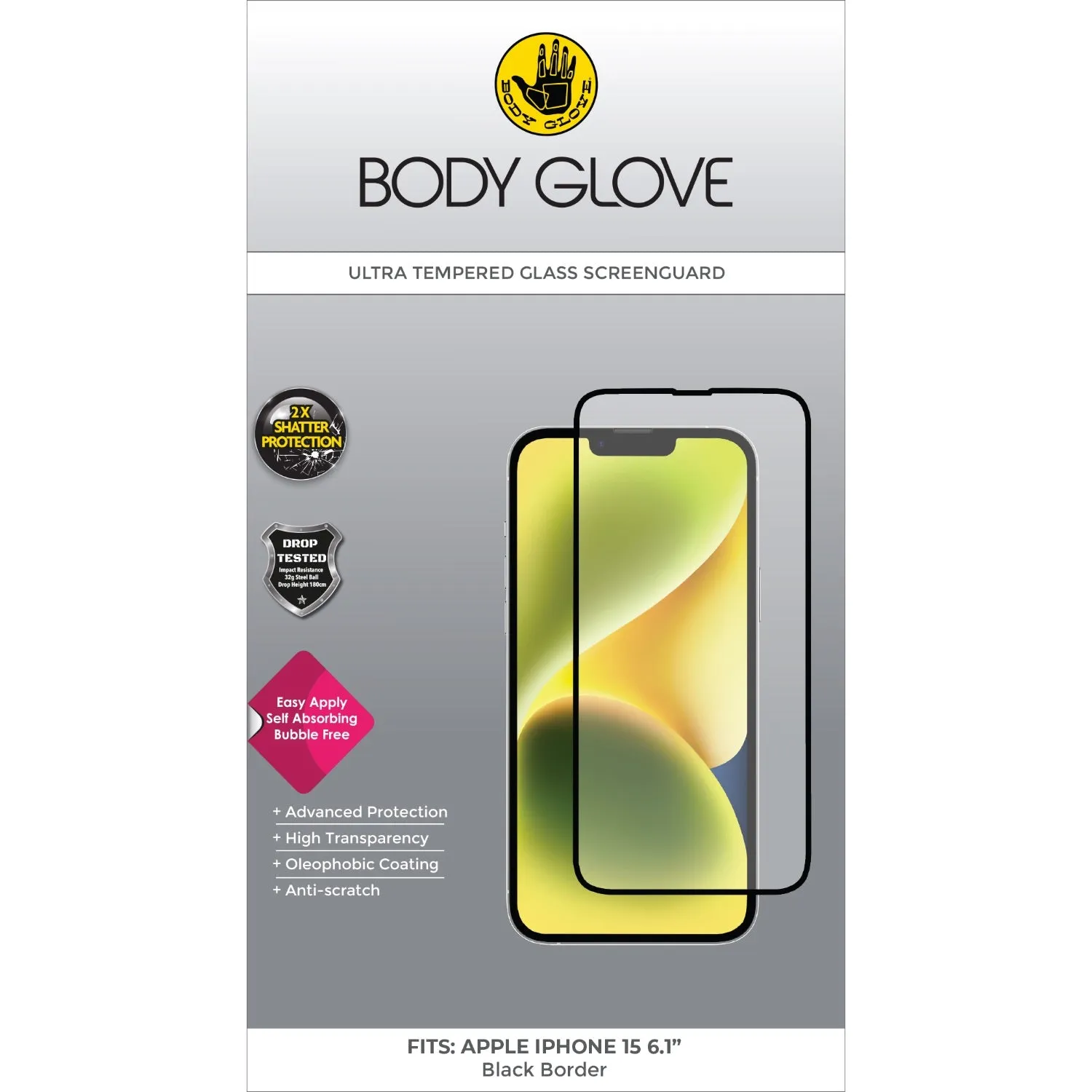 Bubble-Free Film rugged outdoor protector Body Glove Ultra Tempered Glass Screen Protector - Apple iPhone 15 - BGSGUL-I15-BK