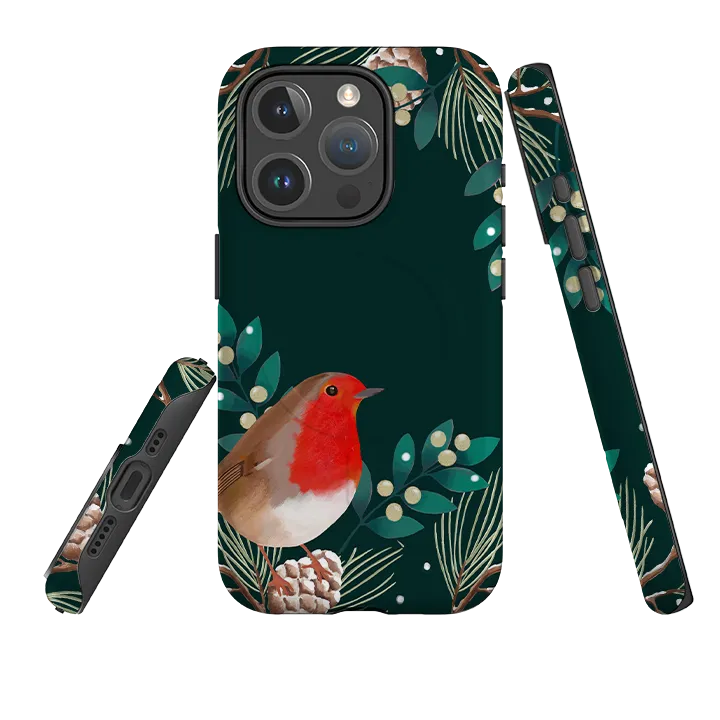 Luxury Finish Texture Soft Cushion iPhone MagSafe Tough Case - Robin Pine Cones By Bex Parkin