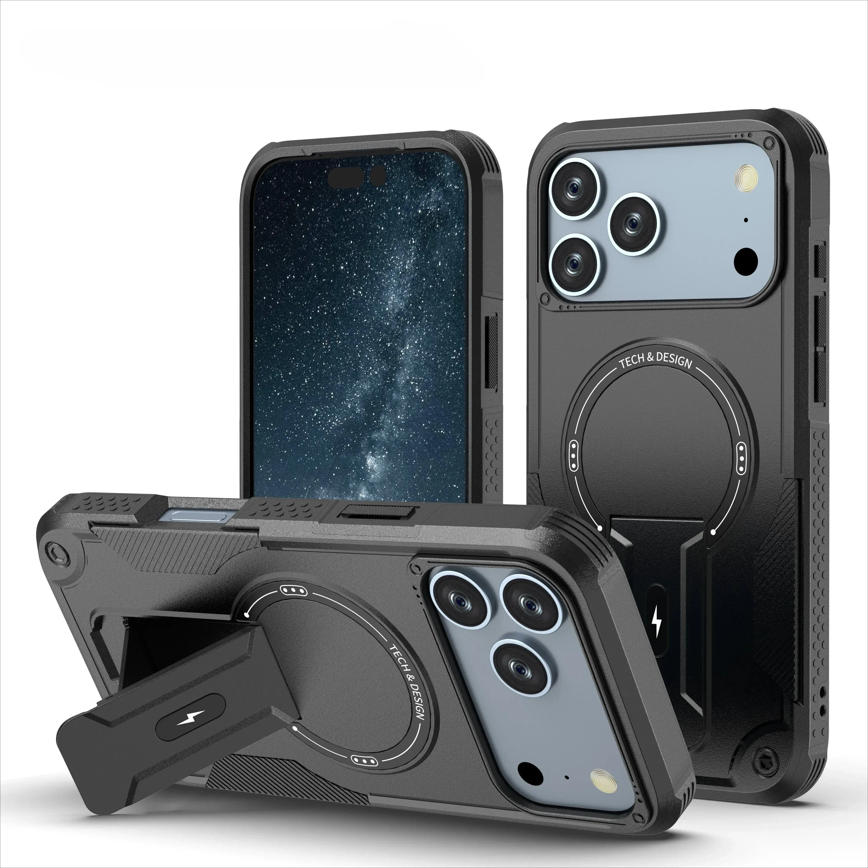 Military Protective Armor Kickstand Case for iPhone 17, 16, 15, 14, 13 & 12 Pro/Pro Max Soft Finish Texture Daily Essential