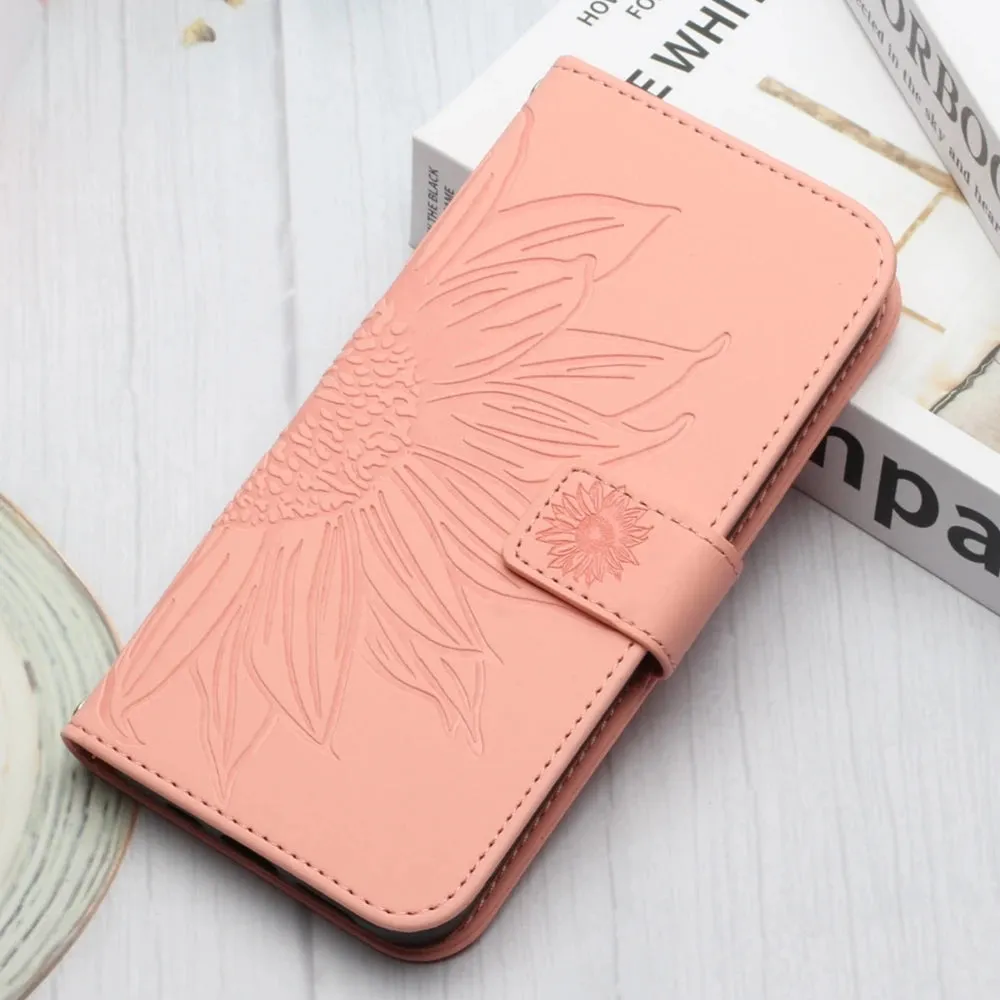 Sunflower Faux Leather Wallet Case for iPhone with Stand Matte Finish Elegant Texture Layer