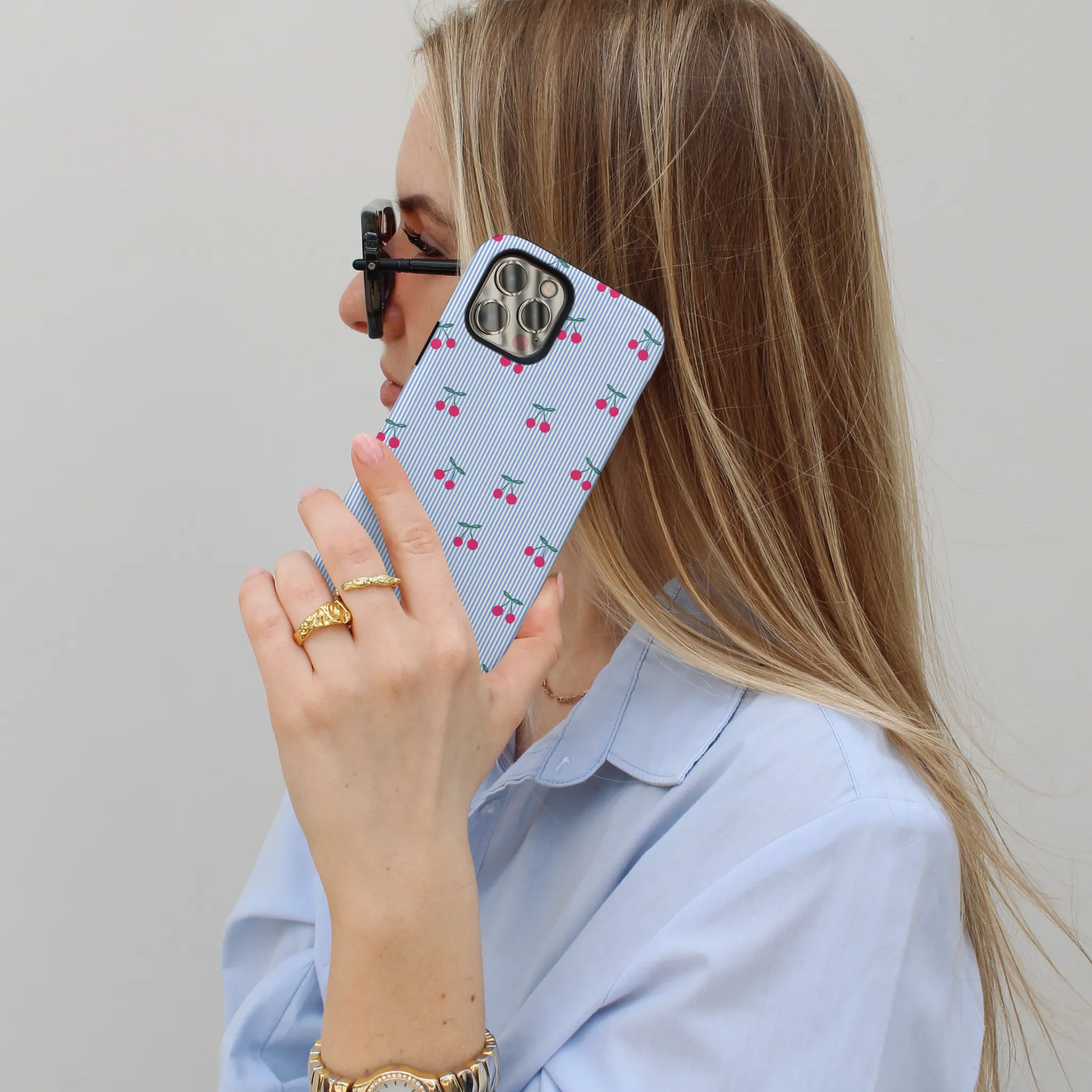 Stylish Layer Ergonomic Feel Tough Phone Case - Blue Stripe Cherries