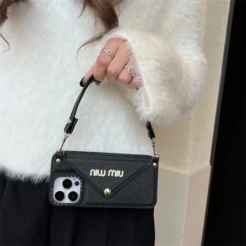 Compact Build Strong protection Leather wrist strap Miu Miu Apple iPhone drop protection cases